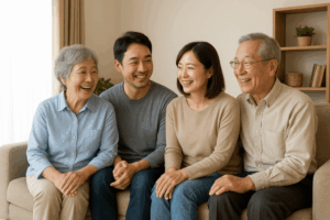 仲の良い高齢夫婦と息子夫婦