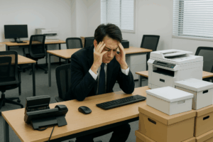 オフィス内で物の処分に悩む男性